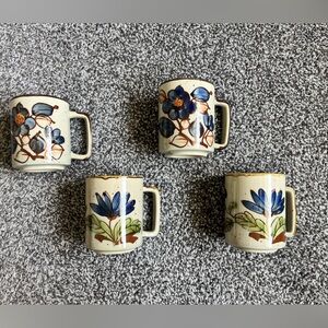 Floral Ceramic Mugs Set - Blue and Brown
